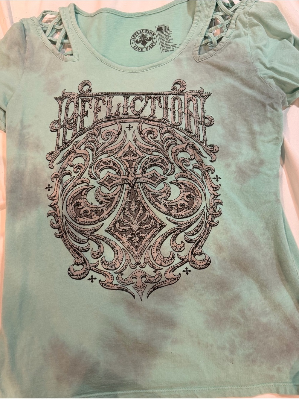 Affliction Mint Green Graphic Tee with Lattice Shoulders